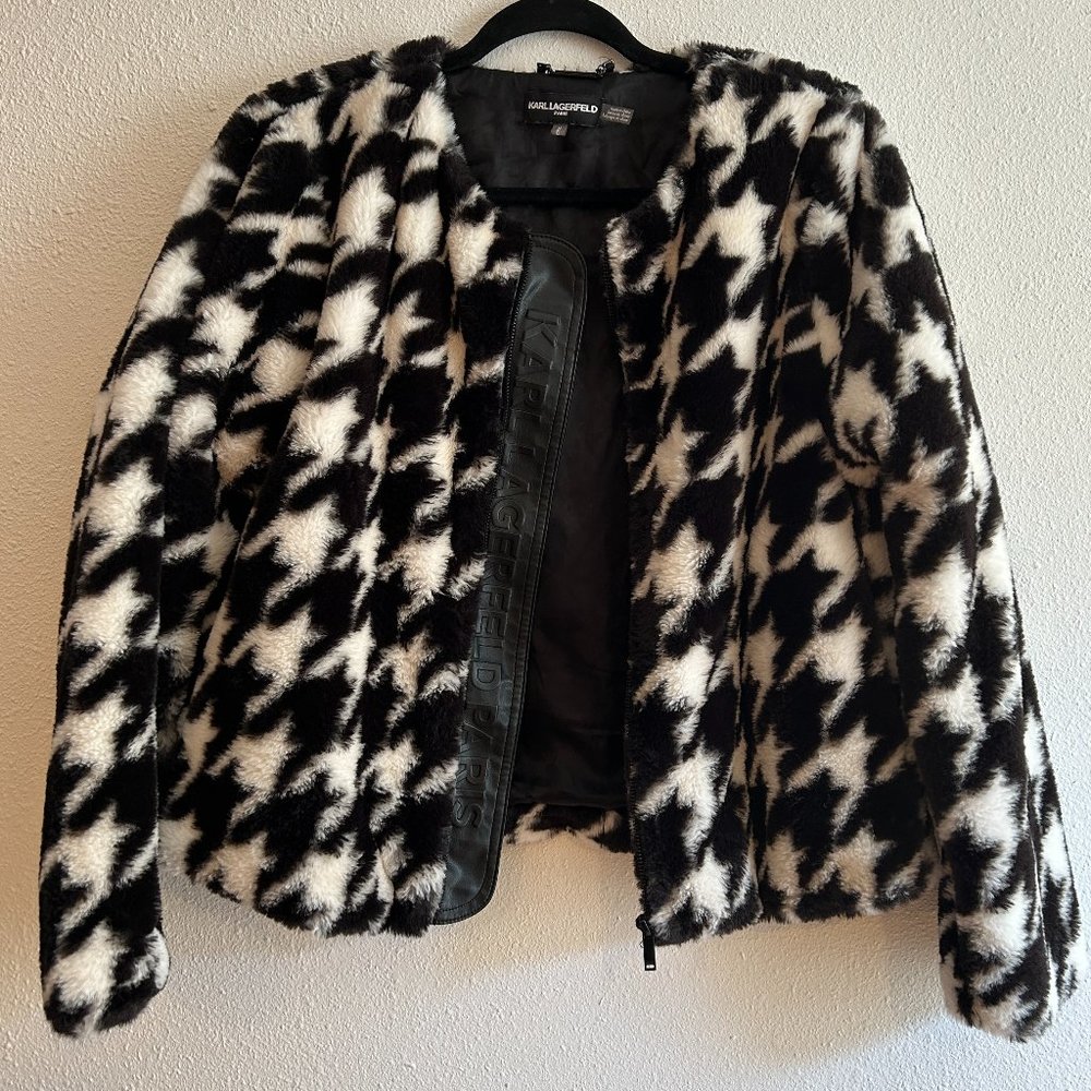 KARL LAGERFELD PARIS Houndstooth Print Plush Crew Neck Bomber Statement Jacket